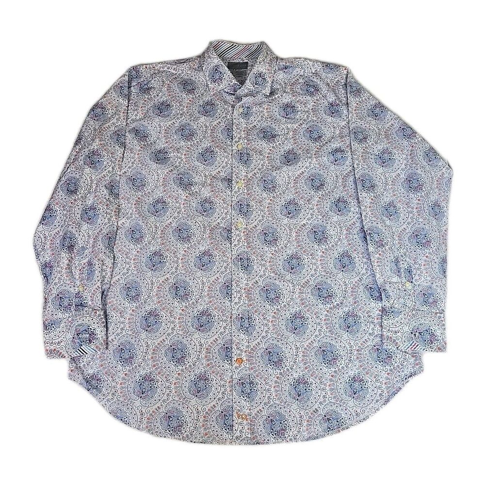 Thomas Dean Men's XXL Long Sleeve Button Down Shirt Paisley Print Cotton Blue Re